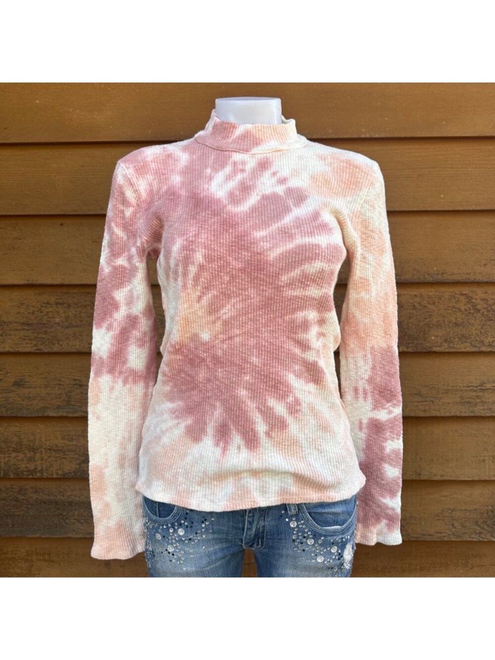We The Free Tie-Dye Ribbed Long Sleeve Mock Neck Top - Pink & White - Size M